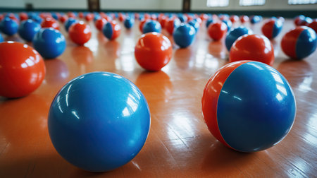A playful arrangement of bright red and blue dodgeballs on a polished gymnasium floor, ready for a game.の素材