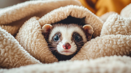 A playful ferret peeking out from a pile of soft blankets, with its eyes wide open and a mischievous expression.の素材