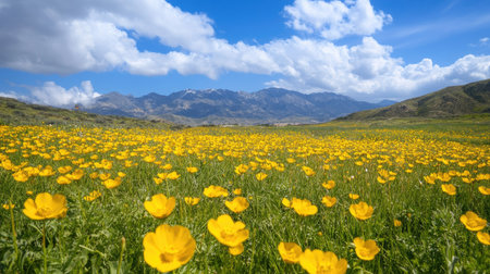 A meadow filled with bright yellow buttercups, creating a warm, sunny feel with mountains in the distance.の素材