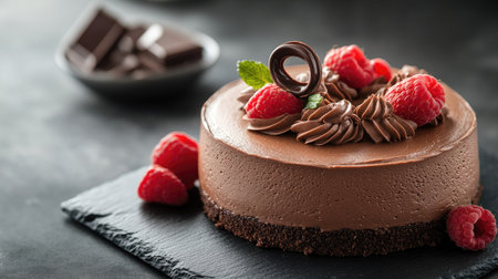 A rich chocolate mousse cake, with a smooth, glossy finish, topped with a chocolate curl and fresh raspberries on a black slate.の素材
