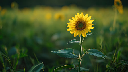 A single bright yellow sunflower standing tall amidst a field of green, with its petals glistening in the sunlight.の素材