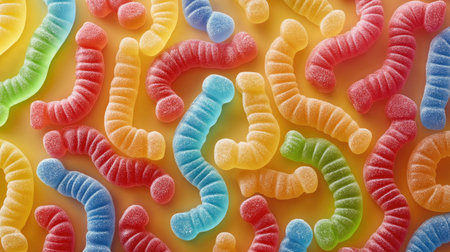 A selection of brightly colored gummy bears and candy worms, arranged in a playful pattern.の素材