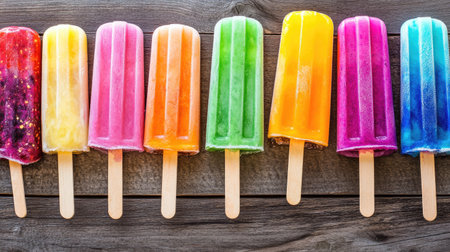 A variety of bright, colorful ice pops arranged on a wooden table, melting slightly in the warm sun.の素材