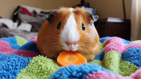 A small guinea pig sitting on a colorful fleece blanket, munching on a slice of carrot with a content expression.の素材