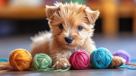 A small terrier puppy playing with a ball of yarn, getting tangled in the colorful threads.の素材