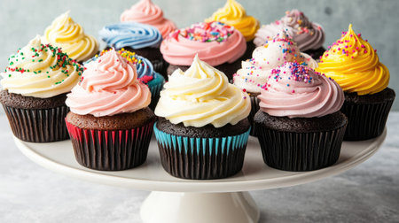 A variety of colorful cupcakes with different frosting designs and sprinkles, arranged on a cake stand.の素材