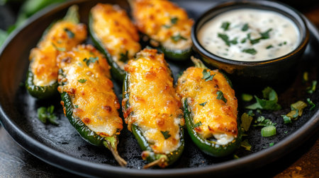 A plate of spicy jalapeo poppers stuffed with cheese, served with a side of creamy ranch dipping sauce.の素材