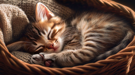 A sleepy kitten curled up in a cozy basket, with its paws tucked under its chin and eyes half-closed.の素材