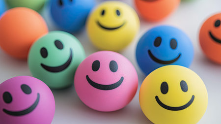 A variety of bright-colored foam stress balls with smiley faces, scattered across a white desk.の素材