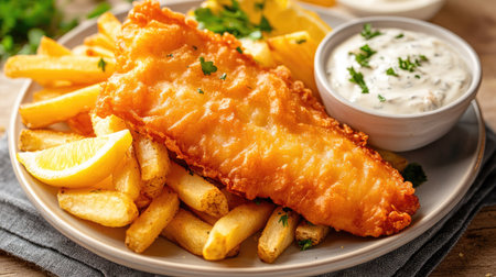 A plate of crispy, golden-brown fish and chips served with tartar sauce and lemon wedges.の素材