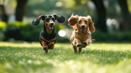 A pair of playful dachshunds running together in a park, with their ears flapping in the wind.の素材