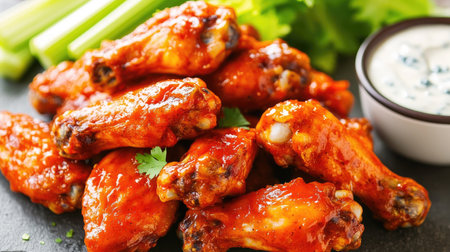 A pile of spicy buffalo chicken wings served with blue cheese dressing and celery sticks.の素材