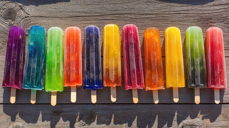 A variety of bright, colorful ice pops arranged on a wooden table, melting slightly in the warm sun.の素材