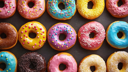 A tray of assorted doughnuts with colorful icing and sprinkles, arranged in a playful pattern.の素材