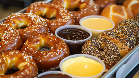 A tray of assorted soft pretzels with various dipping sauces like cheese, mustard, and chocolate.の素材