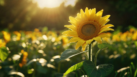 A single bright yellow sunflower standing tall amidst a field of green, with its petals glistening in the sunlight.の素材
