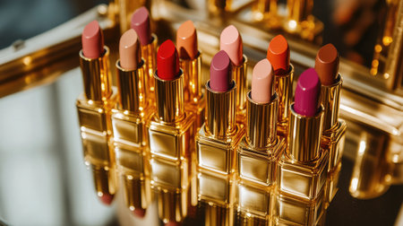 A set of luxury lipsticks in gold cases, elegantly arranged on a mirrored surface, reflecting their rich colors.の素材