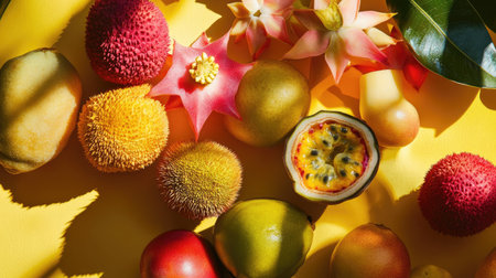 A selection of exotic fruits like lychee, starfruit, and passion fruit displayed on a bright, contrasting background.の素材