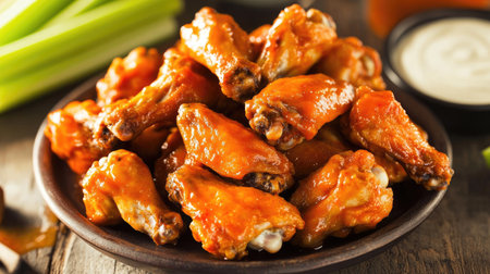 A pile of spicy buffalo chicken wings served with blue cheese dressing and celery sticks.の素材