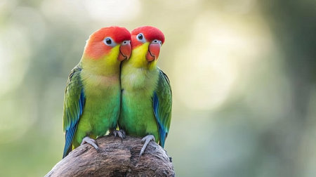 A pair of lovebirds sitting close together on a perch, with their colorful feathers blending beautifully.の素材