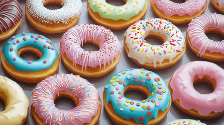 A tray of assorted doughnuts with colorful icing and sprinkles, arranged in a playful pattern.の素材