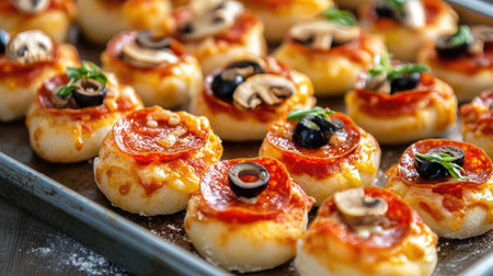 A tray of mini pizzas with various toppings like pepperoni, mushrooms, and olives, perfect for a party.の素材