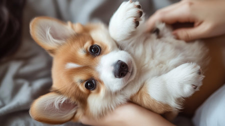 A playful corgi puppy lying on its back with its paws in the air, enjoying a belly rub from its owner.の素材