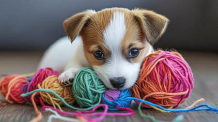 A small terrier puppy playing with a ball of yarn, getting tangled in the colorful threads.の素材