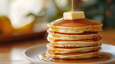 A stack of fluffy, syrupy pancakes topped with a pat of butter and a drizzle of maple syrup.の素材