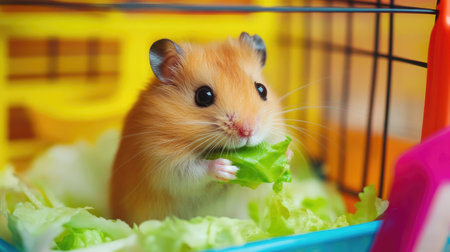 A small hamster nibbling on a piece of fresh lettuce, sitting in the corner of its colorful cage.の素材