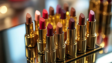 A set of luxury lipsticks in gold cases, elegantly arranged on a mirrored surface, reflecting their rich colors.の素材