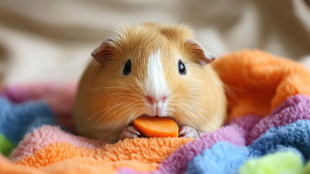 A small guinea pig sitting on a colorful fleece blanket, munching on a slice of carrot with a content expression.の素材