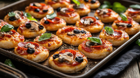 A tray of mini pizzas with various toppings like pepperoni, mushrooms, and olives, perfect for a party.の素材