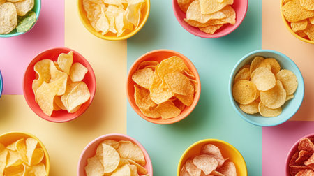 A variety of flavored potato chips in different shapes and textures, displayed in colorful bowls.の素材