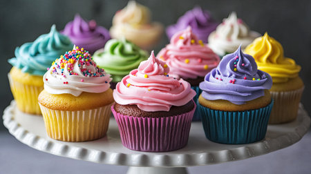 A variety of colorful cupcakes with different frosting designs and sprinkles, arranged on a cake stand.の素材