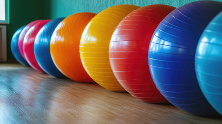 A vibrant mix of large, colorful exercise balls lined up against a wall in a fitness studio.の素材