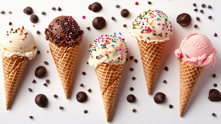A variety of ice cream cones with colorful sprinkles, chocolate chips, and waffle cones, arranged on a white background.の素材