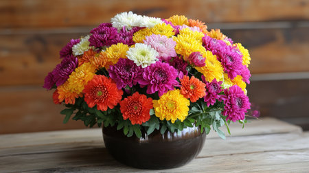 A vibrant mix of bright-colored chrysanthemums, arranged in a festive bouquet for a celebration.の素材