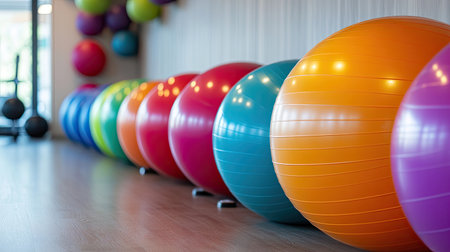 A vibrant mix of large, colorful exercise balls lined up against a wall in a fitness studio.の素材