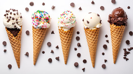 A variety of ice cream cones with colorful sprinkles, chocolate chips, and waffle cones, arranged on a white background.の素材