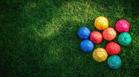 A vibrant set of brightly colored hacky sacks laid out on a grassy field, ready for a casual game.の素材