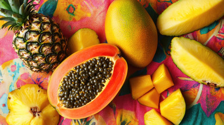 A vibrant mix of tropical fruits like mango, pineapple, and papaya, arranged on a bright tablecloth.の素材