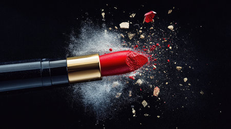 A vibrant red lipstick bullet breaking in half, with a dramatic close-up that captures the texture and color intensity.の素材