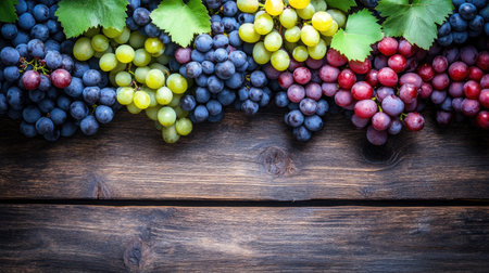 A vibrant mix of red, green, and purple grapes arranged on a rustic wooden surface, with leaves as decoration.の素材