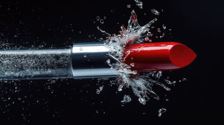 A vibrant red lipstick bullet breaking in half, with a dramatic close-up that captures the texture and color intensity.の素材