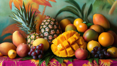 A vibrant mix of tropical fruits like mango, pineapple, and papaya, arranged on a bright tablecloth.の素材