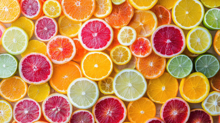 Bright and colorful sliced citrus fruits arranged in a pattern, showcasing their juicy, vibrant colors.の素材
