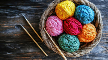 A vibrant mix of bright-colored balls of yarn, arranged in a basket on a wooden table, with knitting needles beside them.の素材