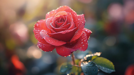 A vibrant red rose with water droplets on its petals, symbolizing love and passion, captured in soft morning light.の素材