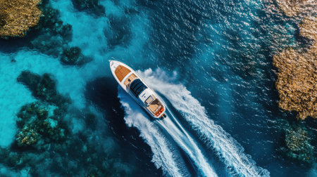 High-angle shot of a fast boat making a sharp turn, sending up a spray of water against a backdrop of a vibrant coral reef.の素材